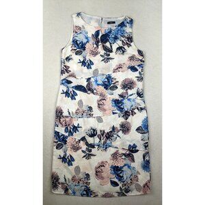 M&CO - WOMEN'S WHITE BLUE PINK FLORAL PRINT SLEEVELESS TIERED SHEATH DRESS - 10